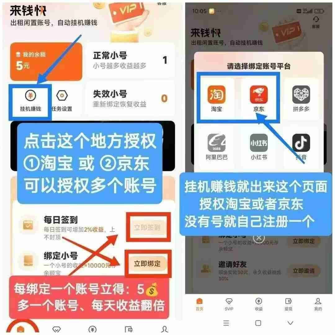 来钱快，刚出，淘宝、京东挂机赚米，静态日入1-3元，