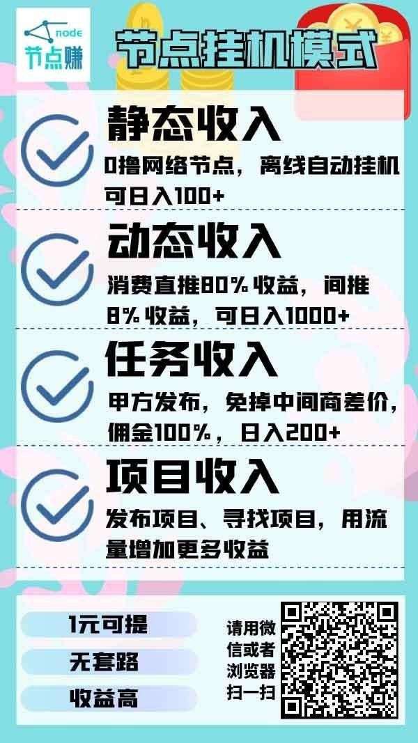 节点赚挂机，后台运行，永久收益，安全靠谱